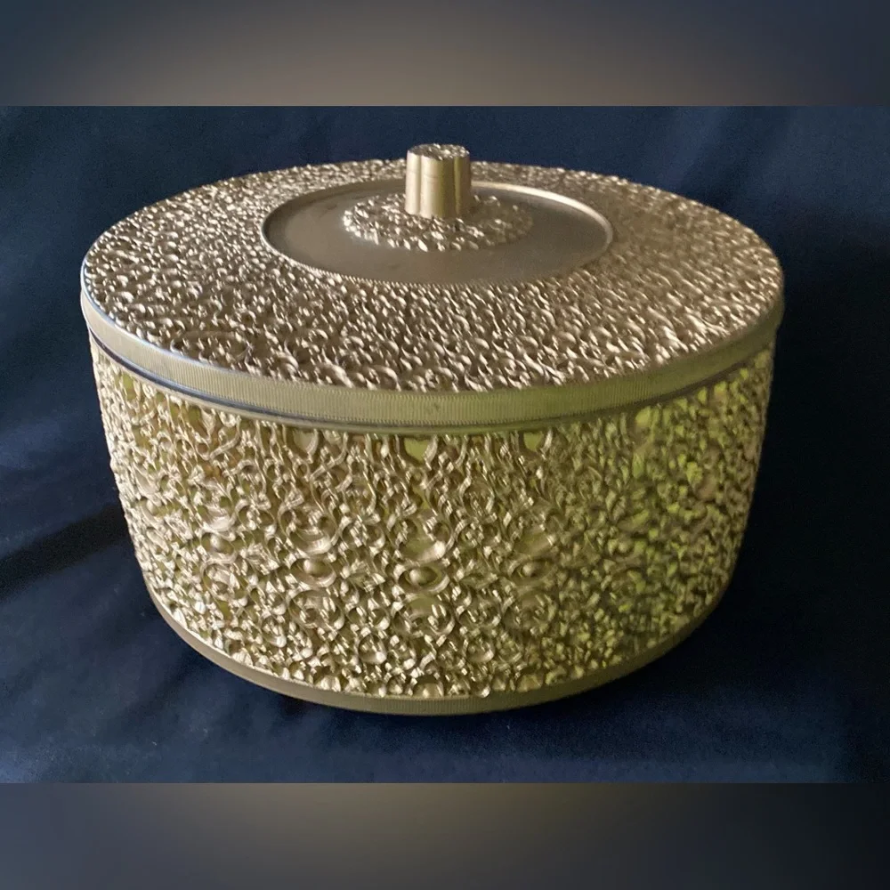 Vintage MCM Ornate Gold Hollywood Regency Round Lidded Storage Sewing Box